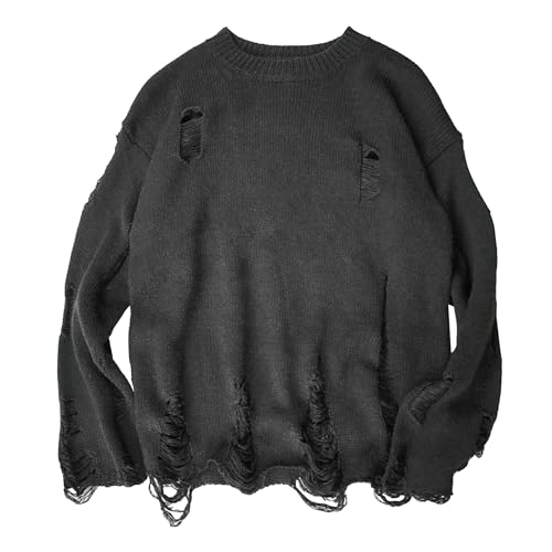 Men's Ripped Sweater Male Long Sleeve Distressed Round Neck Tops Man Vintage Graphic Streetwear Pullovers
