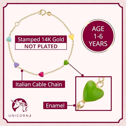 UNICORNJ 14k Yellow Gold Enamel Mini Heart Bracelet Vertical Stacked 5 Heart Station for Girls Kids Babies Made in Italy 5.25"3