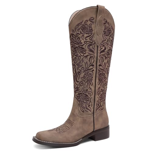 GPXGPX Womens Cowboy Boots Embroidered Brown Cowgirl Boots knee High,Low Block Heel Comfortable Pull On Western Square Toe Tall Boots 9