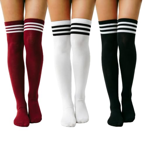 Image of DRESHOW 3 Pairs Thigh High Socks Striped Over Knee Thin Tights Long Stocking Knee High Leg Warmer