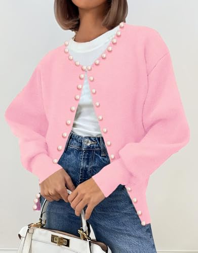 Kedera Pearl Trim Cardigan Spring Pink Sweater for Women Dressy 2025 Open Front Long Sleeve Beading Knit Outwear2