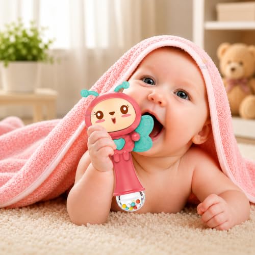 Image of WISHKEY 3-in-1 Musical Rattle Drum Teether Toy for Kids | Light & Sound Baby Rattle Toy with Butterfly Design | BPA-Free, Safe Plastic Battery Operated | Toy for Toddlers Assorted 3+ Years (Pack of 1)