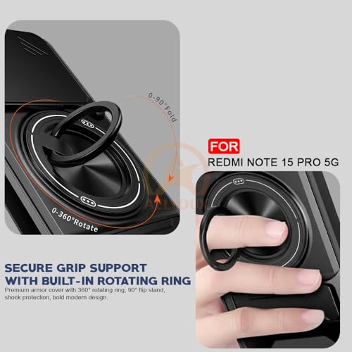 Image of Redmi Note 15 Pro 5G Back Cover | Armor Camera Slider 360 Degree Rotating Finger Ring Holder Case with Bracket Stand Back Case Cover (Compatible with MagSafe Accessories) (Black)