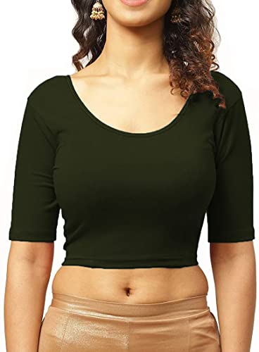 Image of THE BLAZZE 1303 Women's Cotton Scoop Neck Backless Elbow Sleeve Crop Top Readymade Saree Blouse for Women