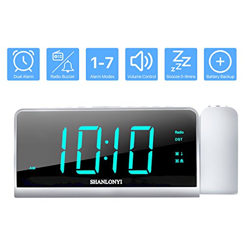 Shanlonyi Projection Alarm Clock With Am/Fm Radio, 180°Projector, 7" Led Display, Dst, Easy To Use, Clear Cyan Digit, 3 Dimmer, Alarm Clock With Usb Charging Port, Battery Backup For Bedroom #TOP1