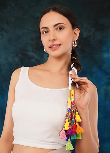 Image of Zippy Flora Rangeela Parandi (Multicolor) | Handmade Boho Parandi | Traditional Hair Accessory with Braid Tassles & Shells | Hair Extension | Choti | Versatile for Boho & Festive Styling | 22 Inches Length