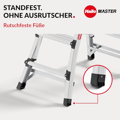Hailo Master TL100 Topline 3-in-1 Alu Teleskopleiter - Flexible Arbeitshöhe 3-5 Stufen belastbar bis 150 kg - 2,65-3,09 m Arbeitshöhe einstellbar - extragroße Plattform - Leiter ausziehbar - Aluleiter
