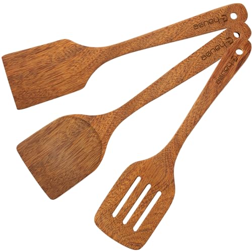 3pcs Wood Spatulas Set Natural Wood Cooking Spoon wooden Solid Turner Non-Stick Slotted Kitchen Utensils Wooden Spoons for Cooking Heat Resistant Non-Scratch Spoon Set