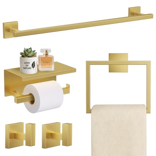 TURS Brushed Gold 5 Pieces Bathroom Hardware Set, SUS304 Stainless Steel 23.6 Inch Bath Towel Bar Set, Square Bathroom Accessories Kit Wall Mounted by TURS - Used condition - US$34.33