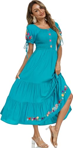 Image of Women's Summer Maxi Dress Casual Floral Embroidered Round Neck Short Sleeve Ruffle Tiered Dress Flowy Boho Beach Sundress