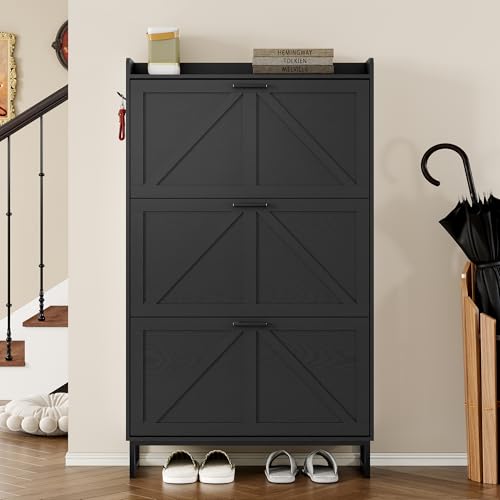 Image of BORNOON Shoe Cabinet with 3 Flip Drawers Narrow Shoe Storage Cabinet Organizer Wooden Freestanding Shoe Rack Hidden Slim Shoes Storage Cabinet for Entryway, Hallway, Living Room, Bedroom