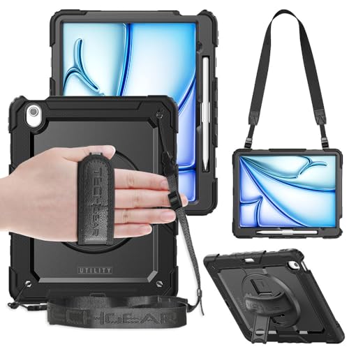 TECHGEAR Utility Rugged Case for iPad Air 13" 2026 (M4), 2025 (M3), 2024 (M2) - Heavy Duty Shockproof Cover with 360 Rotating Stand, Hand Strap, Shoulder Strap + 2 Front Frames (Protector/No) - Black