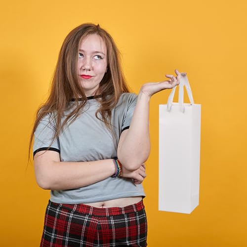 Catime 12 Stück Kraftpapier Wein Taschen, Champagner Geschenktüten Weinflaschen Verpackung mit Seilgriffen, Einzelne Weintragetasche Flaschentüten Weintasche für Weihnachten Partys Jubiläum (Weiß)