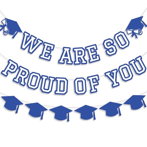 Image of We Are So Proud Of You Banner Graduation Party Decorations Congrats Grad Cap Garlands Wall Sign White Blue