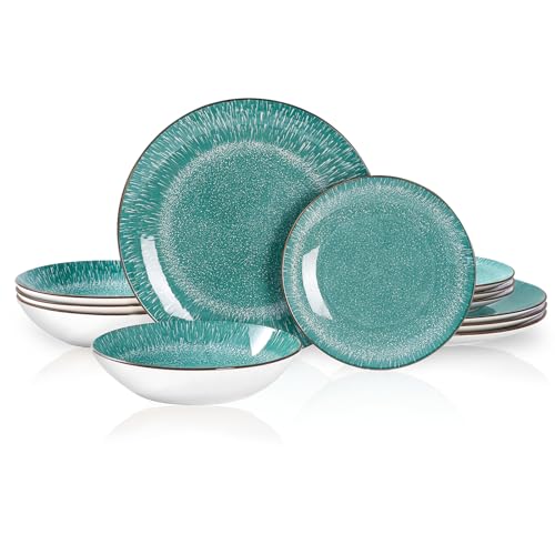 Bestone 12-Piece Round Porcelain Dinnerware Set, Service for 4, Chip Resistant Plates and Bowls,Green, Dishwasher & Microwave Safe for Home Daily Use