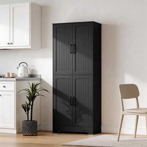 Image of Farmhouse Pantry Cabinet, 71" Tall Wood Kitchen Storage Cabinet with 4 Doors & Adjustable Shelves, Large Freestanding Food Pantry Cupboard with Anti-Tip Kit for Kitchen, Dining Room, Living Room