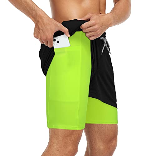American Trends Mens 2 In 1 Workout Quick Dry Running Shorts Gym Shorts With Compression Liner, Athletic Shorts With Zipper Pockets Black & Neon Yellow M #TOP1
