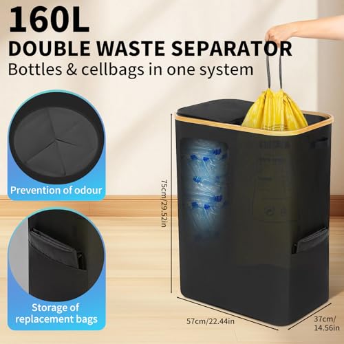 JaMalign Yellow Bag 2-in-1 Gelber Sack Ständer & Pfandflaschen Sammler, für 60–120 L Gelbe Säcke, Müllsackhalter mit Deckel, Leergut Sammelbehälter bis 160 Flaschen, Platzsparendes Müllsystem