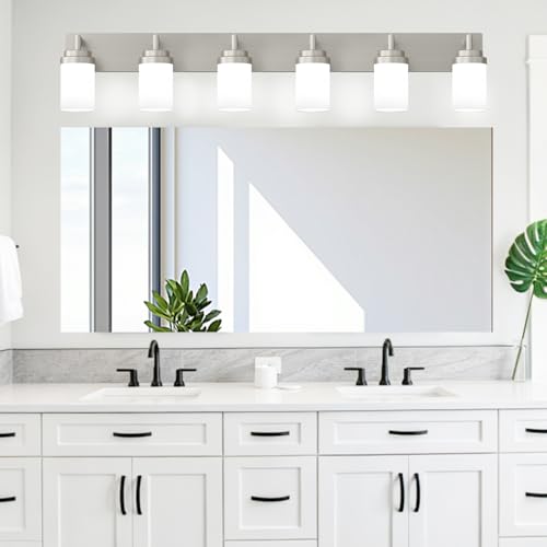 Image of Bathroom Light Fixtures, Brushed Nickel Bathroom Lighting Fixtures Over Mirror, Modern Vanity Light with White Glass Shade, Restroom Lighting Fixtures, 6-Light 46-inch