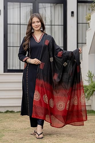 Image of MEERA FAB Women Floral Printed Pure Cotton Straight V-Neck Kurta with Palazzos & Dupatta