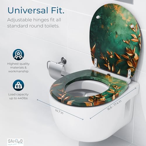 Image of Sanilo Wooden Toilet Seat with Quick Release & Soft Close [ROUND] - Decorative & Slow Close Molded Wood Seat - With One Click for Easy Installation & Cleaning - With Adjustable Fit (Greego)