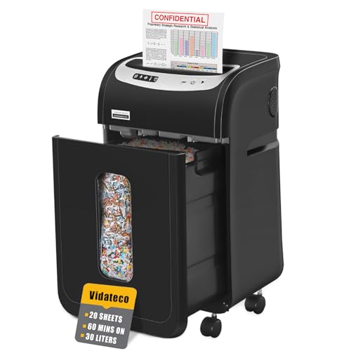 Image of VidaTeco 20 Sheet Cross Cut Paper Shredder Heavy Duty, P-4, 30L Bin | Heavy-Duty for Home Office, 60-Min Runtime, Shreds Paper, Cards, Staples & Clips, Jam Proof; 30L Pullout Bin with 4 Casters