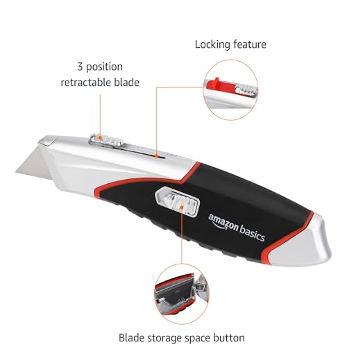 Amazon Basics Heavy Duty Retractable Auto-Load Ergonomic Utility Knife 3-Position Locking Blade with 4 Replaceable Blades in Designed Storage, Black/Silver - Image 3