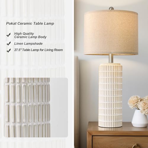 Image of PoKat 27.5'' Tall Table Lamps for Living Room Set of 2, Ceramic Bedroom Lamps for Night Stands, Modern Bedside Lamps for Bedroom Living Room, Nightstand Lamps for End Table, Hallway, Gold and White