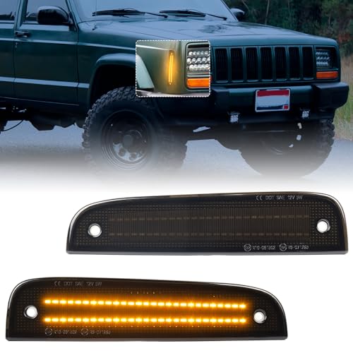 FetonAuto 𝟐𝐏𝐂𝐒 𝐔𝐩𝐠𝐫𝐚𝐝𝐞 LED Front Side Marker Lights for Jeep Cherokee XJ Chassis 1997-2001 Bumper Corner Parking Signal Accessories, Smoked Black Lens Amber Lighting