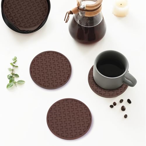 BANGKEE Brown Round Silicone Coasters with Holder, Heat Resistant & Waterproof Cup Mats, 4 Inches Non-Slip Decorative Coster Set 6 Packs for Home, Office, Kitchen, Coffee Bar Table