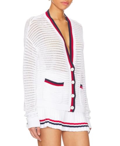 Image of Women's Crochet Cardigan Sweater Color Blocking Hollow Out Long Sleeve Button Down Loose Fit Cardigan White