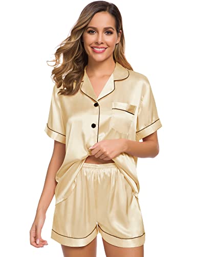 Image of SWOMOG Women Silk Satin Pajamas Set Short Sleeve Button Down Sleepwear Loungewear Pj Sets