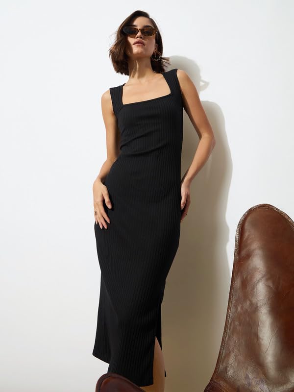 Image of barcino Black Rib Square Neck Sleeveless Midi Dress