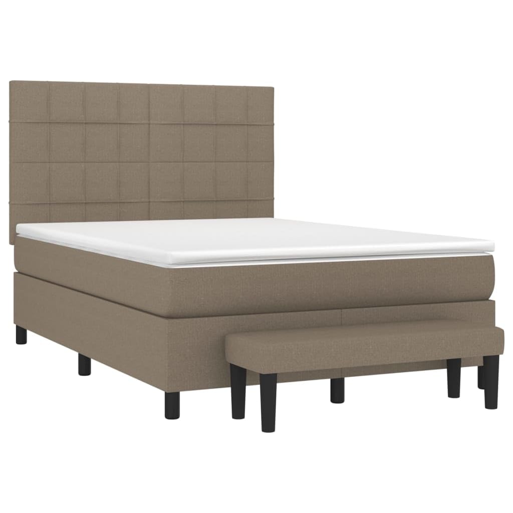 Łóżko kontynentalne z materacem, materiał taupe, 140 x 190 cm, regulowany zagłówek, rdzeń sprężynowy kieszeniowy, meble do sypialni, komfortowy leżak