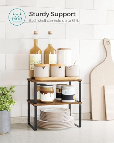 Image of ABJA Kitchen Organizer Racks, Set of 2 Wooden Rack for Kitchen Storage, Counter Top Stackable, Expandable, Adjustable Shelves (Rustic Brown, 2 Tier Stack)