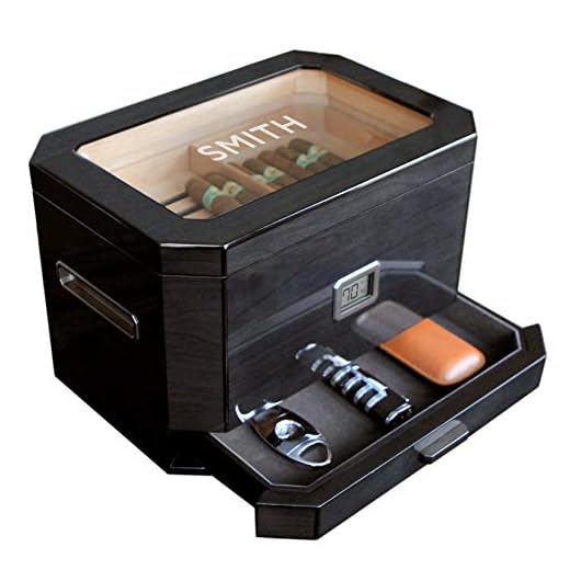 Monogrammed Octodor Large Black Piano Finish Glass Top Cedar Humidor with Digital Hygrometer, Humidification System, and Accessory Drawer - Holds (50-100 Cigars) by Case Elegance