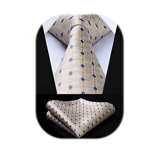 Image of HISDERN Ties for Men Plaid Checkered Tie with Pocket Square Woven Business Formal Necktie Handkerchief Set Wedding Party