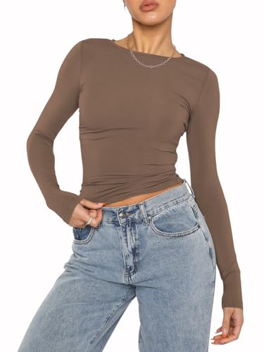 OYIGELZ Damen Langarmshirt Rundhals Slim Fit Y2K Oberteile Basic Crop Tops...