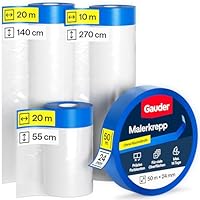 GAUDER 50 Meter Abdeckfolien-Set mit Klebeband (55 + 140 + 270 cm) und Malerkrepp (24 mm x 50 m) - 66 m² Malerfolie mit Klebeband - Set Malerband Abklebefolie perfekt für Fenster, Türen und Schalter