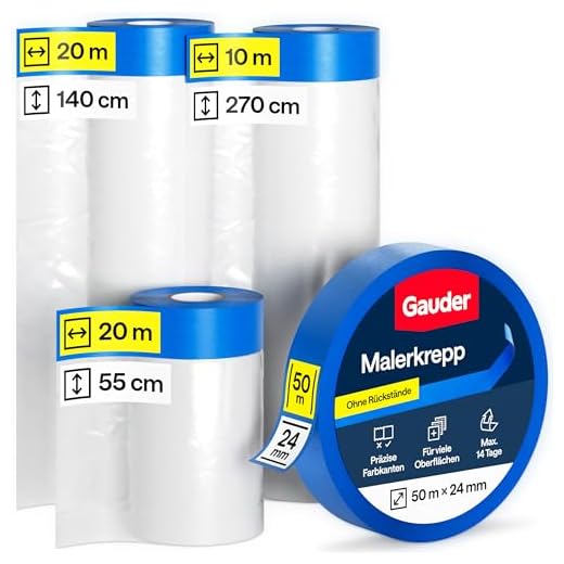 GAUDER 50 Meter Abdeckfolien-Set mit Klebeband (55 + 140 + 270 cm) und Malerkrepp (24 mm x 50 m) - 66 m² Malerfolie mit Klebeband - Set Malerband Abklebefolie perfekt für Fenster, Türen und Schalter