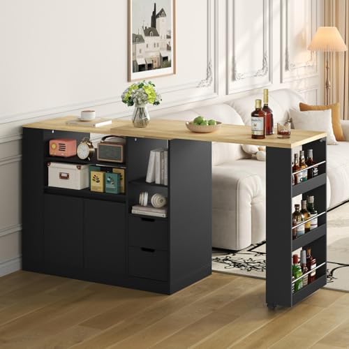 KOMHTOM Table de Bar Extensible avec Espace de Rangement, Meuble Bar avec 2 Portes en Verre, Rotation Libre à 360 °, étagères latérales (Noir-6)