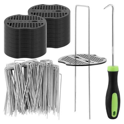 YOUNTHYE 100 Pack Weed Control Membrane Pegs, 6/150mm Weed Membrane Pegs 100 Buffer Washer, U-Shaped Metal Ground Pegs Heavy Duty Weed Mat Pegs for Garden Fencing