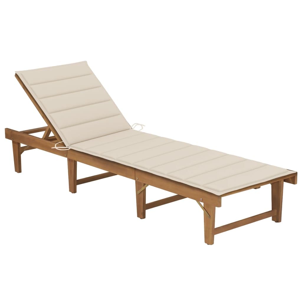 Tumbona plegable de madera maciza de acacia con acabado al aceite, incluye cojín con cuerdas de fijación, respaldo ajustable, plegable para un fácil almacenamiento