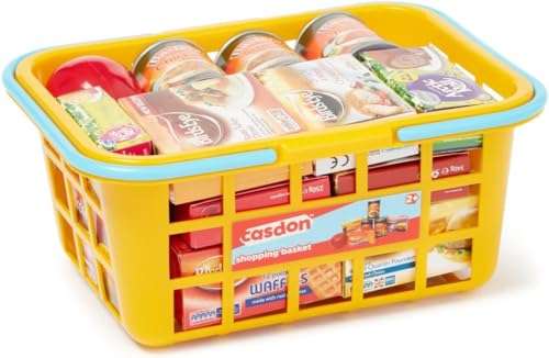 Casdon 62801.AMA002 Colourful Toy Shopping Basket for Children Aged 2+ | Comes with Miniature Versions of Popular Branded Foods, Yellow
