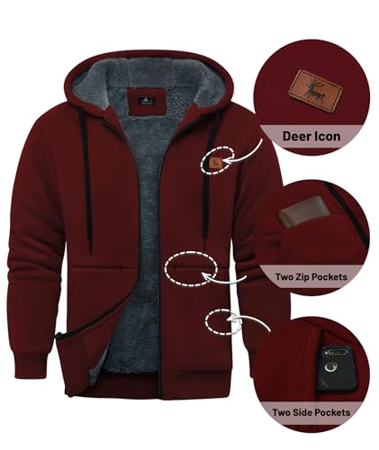 Image of Little Beauty Fleece Hoodies for Men Winter Thick Jackets Sherpa Lined Zip Up Sweatshirt With Kanga Pocket