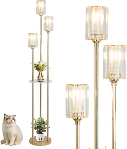 Rayofly Modern Floor Lamp with Shelves, 3-Lights Gold Floor Lamps for Living Room, Crystal Standing Lamp with Glass Shades & Foot Switch, Glas Standing Lamps for Bedroom, Dining Room, Hall, Office