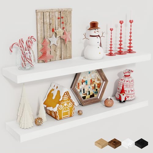 Fun Memories 32Inch Floating Shelves for Wall 2 Pack Wood Shelves for Kitchen, Bathroom, Bedroom Wall Mounted Rustic Wood Floating Shelf with Invisible Brackets for Books, Storage, Decor, White