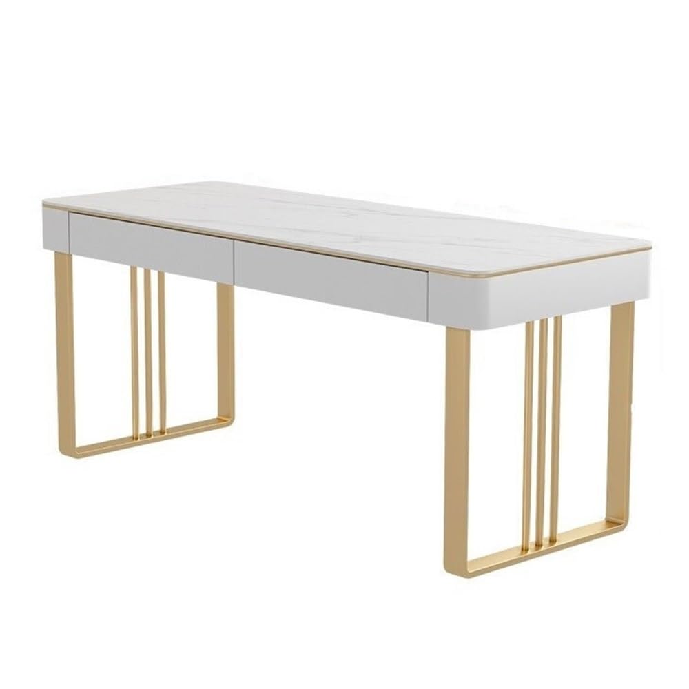 Escritorio de Oficina Escritorio Moderno for PC con 2 cajones, tocador Blanco Superficie de losa Roca y Marco Metal for el hogar, la Oficina Dormitorio Mesa para Juegos de portátil(Gold,XL)