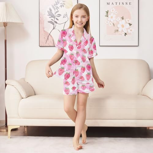 Strawberry Pink Pattern Summer Satin Pajama Set, Cute Button-Down Sleepwear Pj Set for Sleep Wears3