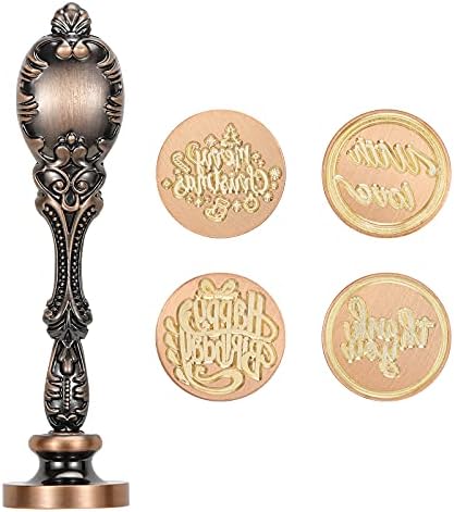 Shinowa Wax Seal Stamp with 4 Brass Heads, Sealing Wax Stamps Thank You Sealing Stamp Red Bronze Handle Stamper Wax Seal Kits Signature for Envelope Letter Invitation Cards Embellishment Gift Wrap